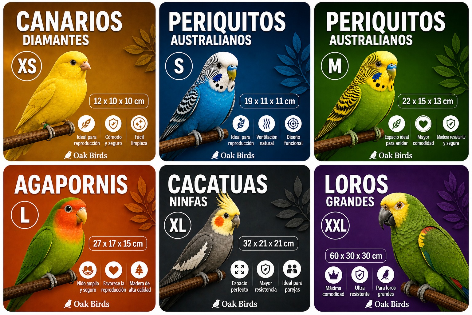 Línea Oak Birds de casitas reproductoras en todas las tallas: XS, S, M, L, XL y XXL