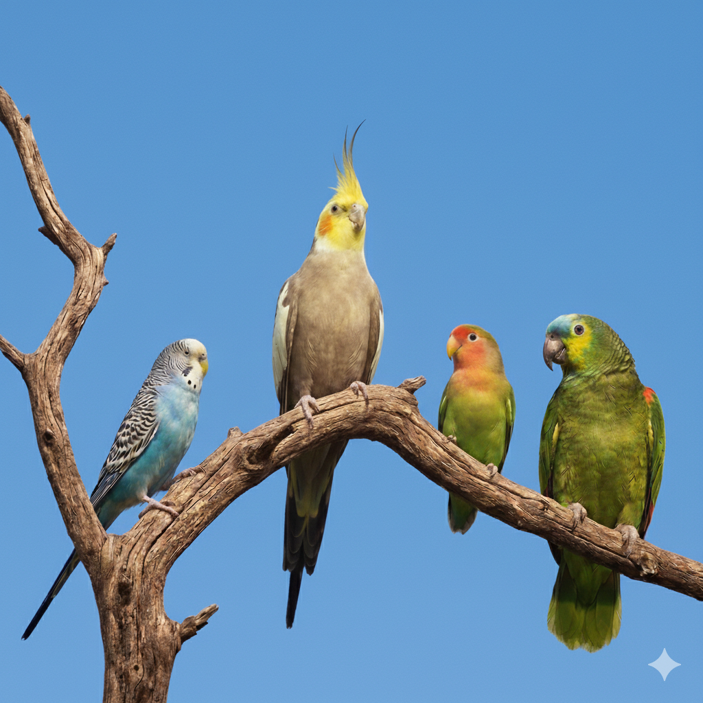 Periquito, ninfa, agapornis y loro posados en una rama